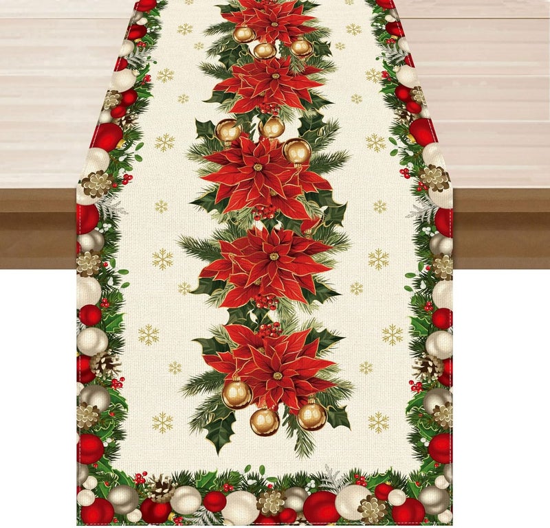 XCHI Christmas Poinsettias Leaves Bells Snowflakes Winter Xmas Table Runner Table Decoration for Home Kitchen Dining Holiday Decor 13x108 Inch - Image 1